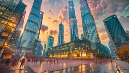 Poster - Crowd of people walking through busy city streets at dusk surrounded by skyscrapers, A bustling city square with skyscrapers towering overhead