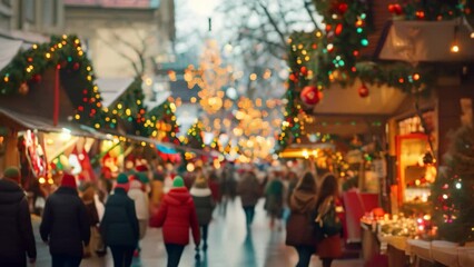 Poster - People walking down a street adorned with Christmas lights during the festive season in a bustling European market, A bustling European Christmas market with colorful stalls and festive decorations