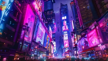 Wall Mural - A city street filled with towering skyscrapers and bustling activity, A bustling metropolis filled with towering skyscrapers and holographic billboards