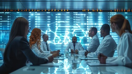 Wall Mural - A formal meeting room filled with business executives and scientists, discussing a biotech proposal, with a large screen displaying genetic sequences and research data. Generative AI.