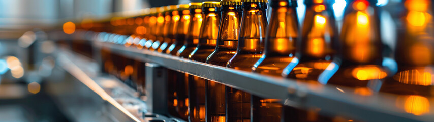 Wall Mural - full beer bottles in a production line, oktoberfest concept, created with generative AI technology