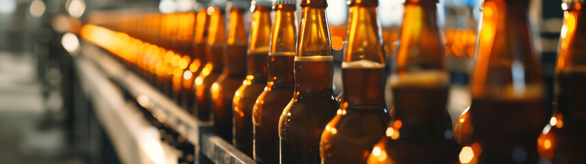 Wall Mural - full beer bottles in a production line, oktoberfest concept, created with generative AI technology