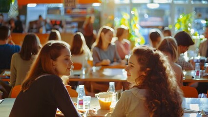 Canvas Print - Two women sitting at a table in a bustling restaurant, engaged in conversation over a meal, A cacophony of laughter and chatter during lunchtime in the cafeteria