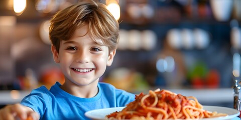 Wall Mural - Young boy happily enjoying homemade spaghetti bolognese or macaroni at home: A Heartwarming Scene. Concept Family Meals, Joyful Moments, Homemade Cooking, Happy Family, Food Happiness