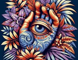 Wall Mural - A hand with a flowery pattern on it has an eye in the middle