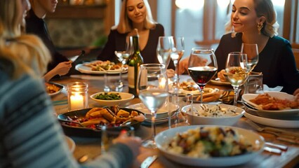 Wall Mural - Family members enjoying a casual weeknight dinner at the dining table, A casual weeknight dinner where family members unwind and relax together after a long day