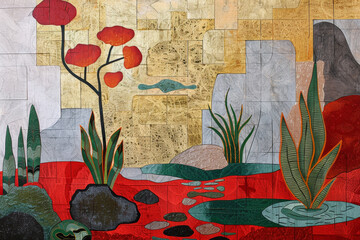 Wall Mural - A painting of a desert scene with a tree and a pond