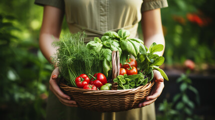 Wall Mural - girl farmer holding basket of fresh salad vegetable at farm.