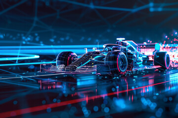 Wall Mural - A futuristic race car is shown in a neon blue and red color scheme