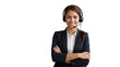 © F U T U R O  - Portrait of a happy call center woman arms crossed isolated on a transparent background for consulting. Smile, customer support or service career with a young employee on PNG for telemarketing