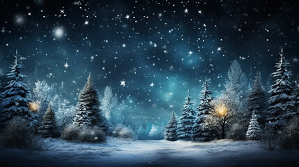 Christmas tree decoration in winter forest with northern lights in the night sky