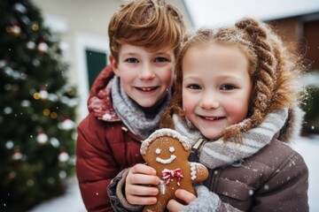 Happy siblings standing with gingerbread man cookies. Generative AI.