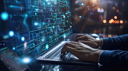 Digital technology, software development concept. Coding programmer working on laptop with circuit board and javascript on virtual screen