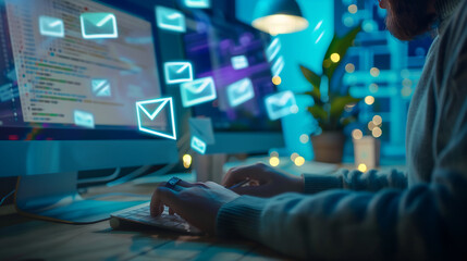 man working on computer, email icons floating above the screen, office at night with blue and green lights
