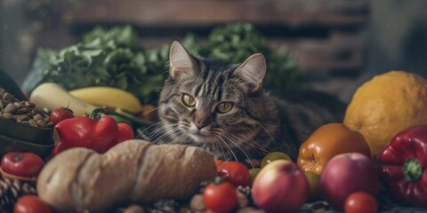 Wall Mural - Portrait of a cat with fruits and vegetables around him. Healthy food concept. Generative AI.