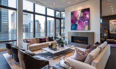 Wall Mural - An inviting contemporary living room with a statement fireplace, surrounded by minimalist decor