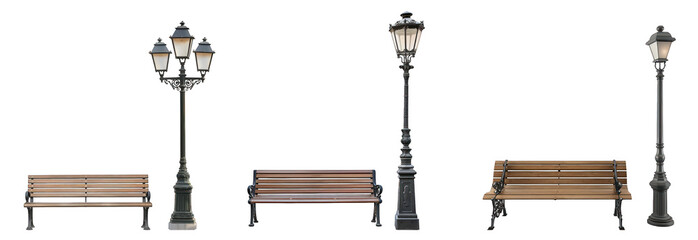 Collection of benches and lighting lamp for parks and gardens isolated on transparent background