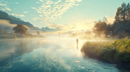 Wall Mural - A person fly-fishing on a crystal-clear stream at sunrise, mist rising from the water and creating an ethereal atmosphere.