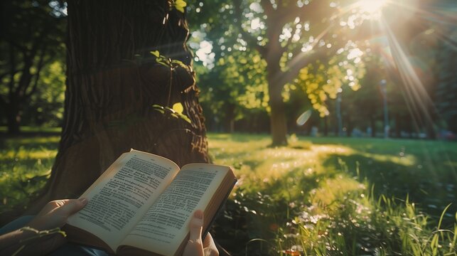 A person reading a worn paperback novel under a shady tree in a quiet park, sunlight filtering through the leaves and dappling the book's pages.