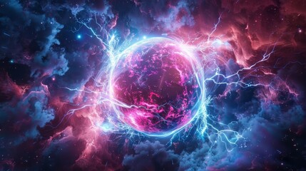 Wall Mural - cosmic scene with a central planet-like object enveloped in a pinkish-purple glow, surrounded by ele