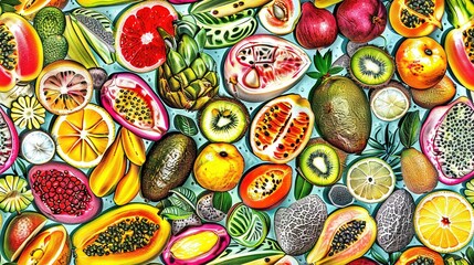 Sticker -   A painting showcases diverse fruits on a blue canvas with foliage below