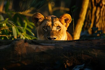 Wall Mural - Roaring lioness in Mara, iconic image of power in wilderness. Black and white portrait, majestic big cat in natural setting. Female lion with mane, artistic view of life in.
