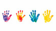 © BlazingDesigns - Color child handprint. Creative paint hands prints. Happy childhood design. Artistic kids stamp, bright human fingers and palm on white background.