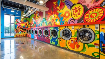 Urban laundry facility adorned with vivid, artistic wall designs and contemporary machines. Colorful interior of a laundromat. Concept of communal services, modern amenities, and lively decorations.