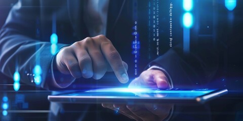 IT innovation, big data, and cybersecurity applications for tablet, overlay, and business hands. Artificial intelligence, software development, corporation hand typing code