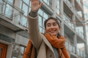 Woman hailing taxis in city, street, or New York road for transportation, travel, and commute. Tourists, students, and taxi, lift, and sightseeing bus riders are happy.