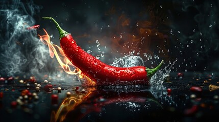 Wall Mural - Spicy food concept. Hot red chili pepper on fire with water splash and smoke on dark background.