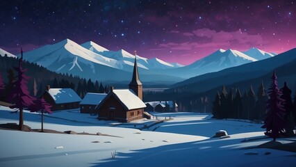 Wall Mural - Beautiful wallpaper, low poly, village in the valley, evening