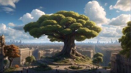 Beautiful wallpaper, game art, beautiful tree in metropolis