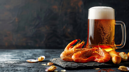 Cold mug of beer with foam and shrimp. Beer and food concept on dark stone background. Restaurant advertising, menu, banner.