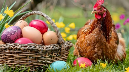 Poster -  A basket brimming with eggs next to a chicken Another basket of eggs in the grass, surrounded by daffodils