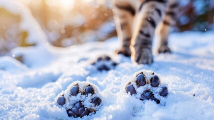 Poster -  A tight shot of a person treading through snow, their footprint momentarily covered by a cat's paw imprint