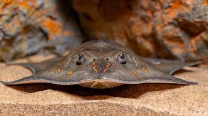 Sticker -  A tight shot of a stingfish on a sandy ground with a rock in the backdrop and a rocky outcropping in the foreground