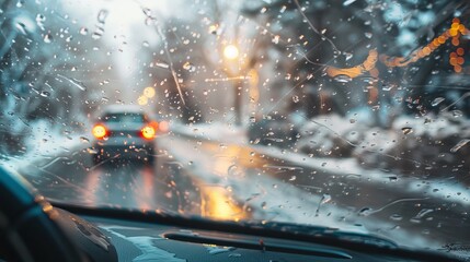 Wall Mural - Scene viewed through the windshield of a car, depicting wet and snowy winter conditions.