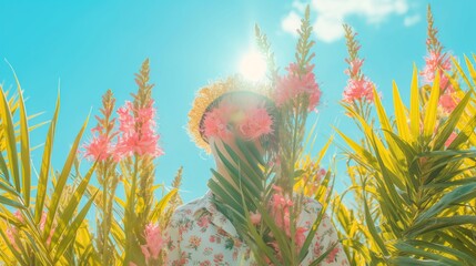 A person with a floral hat and shirt stands amidst tall flowers under a bright blue sky