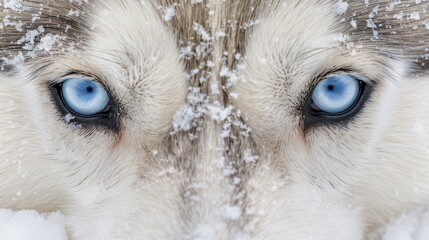 bright blue eyes amidst swirling snowflakes on its fur