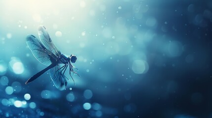 Wall Mural -  A dragonfly soars through the air against a blurry backdrop of light blue, with a halo-like bokeh of light emanating from its wings' tops