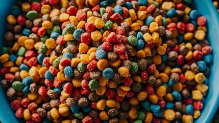 Canvas Print -  A blue bowl, brimming with assorted colorful candies, sits atop a weathered wooden table in a blue plastic container