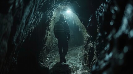 Wall Mural - A worker wearing a headlamp, navigating a dark and narrow tunnel deep within a mine.