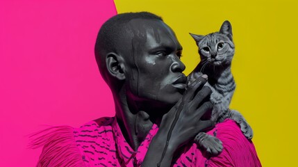 A person in a vibrant outfit holds a cat against a pink and yellow background