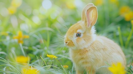 Wall Mural -  A tight shot of a rabbit amidst a lush grass field, dotted with yellow flower blooms, surrounded by a softly blurred backdrop of similar flowers