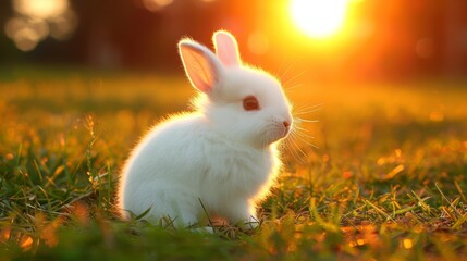  A white rabbit sits in the grass with erect ears as the sun sets in the background