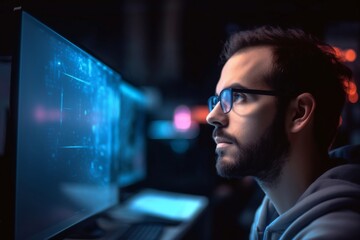 Wall Mural - Working on a computer, a focused developer looks at programming code, data, cyber security, and digital technology while wearing glasses and producing software. Working on a computer, a focused 