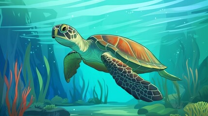 Wall Mural - A beautiful green sea turtle swims gracefully through a colorful coral reef, sunlight shimmering on its shell.