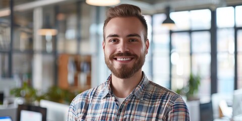 Wall Mural - Portrait of businessman smiling in office on banner, new firm, or workplace bokeh. Designer, cheerful professional, creative worker, and entrepreneur on Brazilian mockup space.