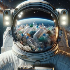 an astronaut is floating in space, surrounded by a huge pile of trash orbiting around him. dramatic 